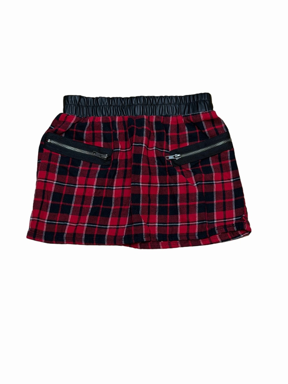 Route 66 Girls 7/8 Red Black Plaid Skort Faux Leather Waist Zip Pockets Grunge